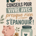 Femme entourée de fournitures pour la maison, réfléchissant à des astuces d'économie.