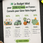 Une femme vérifiant son budget mensuel de 2200 € avec une calculatrice et un carnet.
