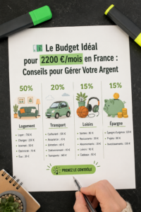 Une femme vérifiant son budget mensuel de 2200 € avec une calculatrice et un carnet.