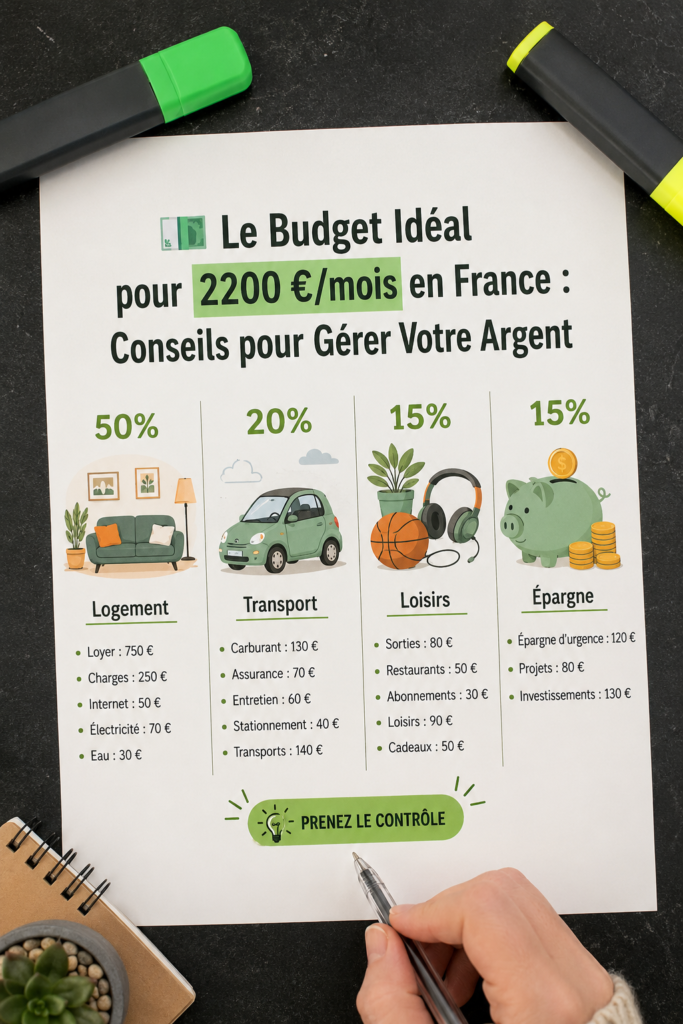 Une femme vérifiant son budget mensuel de 2200 € avec une calculatrice et un carnet.