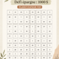 Image d'un tracker d'épargne pour le défi de 1000$, avec un design attrayant et pratique.