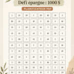 Image d'un tracker d'épargne pour le défi de 1000$, avec un design attrayant et pratique.