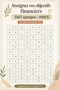 Image d'un tracker d'épargne pour le défi de 1000$, avec un design attrayant et pratique.