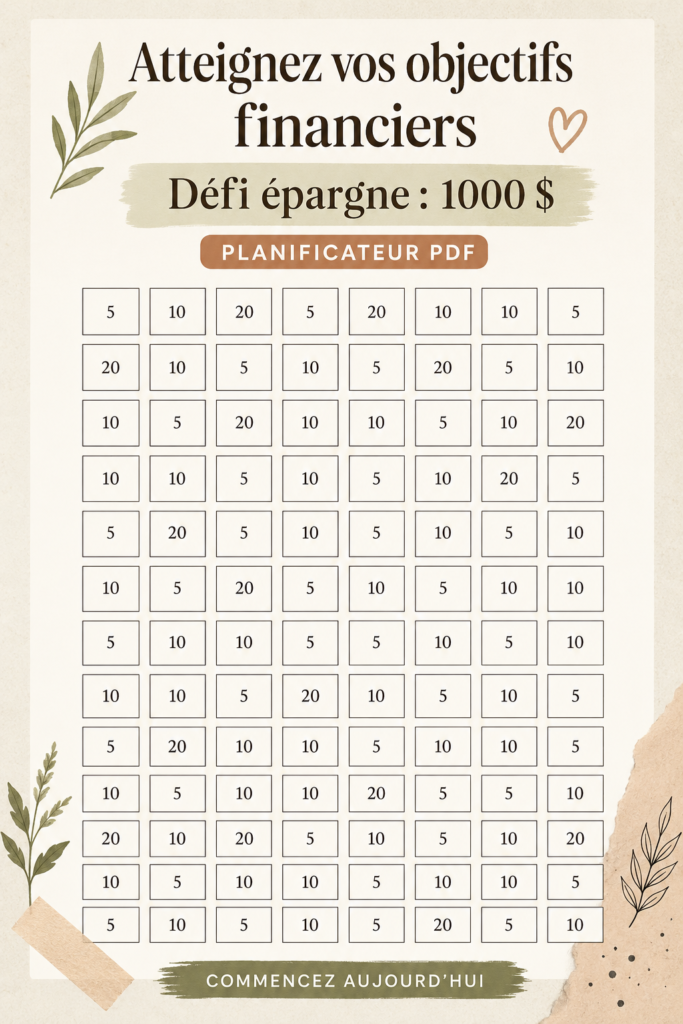 Image d'un tracker d'épargne pour le défi de 1000$, avec un design attrayant et pratique.
