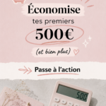 Femme souriante tenant une tirelire et planifiant son budget pour économiser 500€