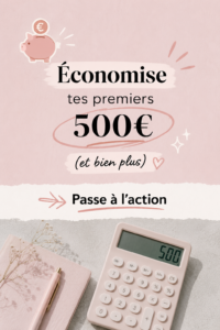 Femme souriante tenant une tirelire et planifiant son budget pour économiser 500€