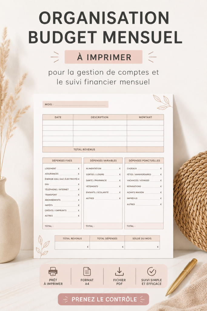 Modèle de budget mensuel imprimable, facile à remplir pour une gestion financière efficace.