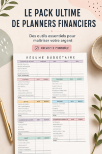 Pack d'outils de gestion financière sur une table, incluant un planner et un ordinateur.