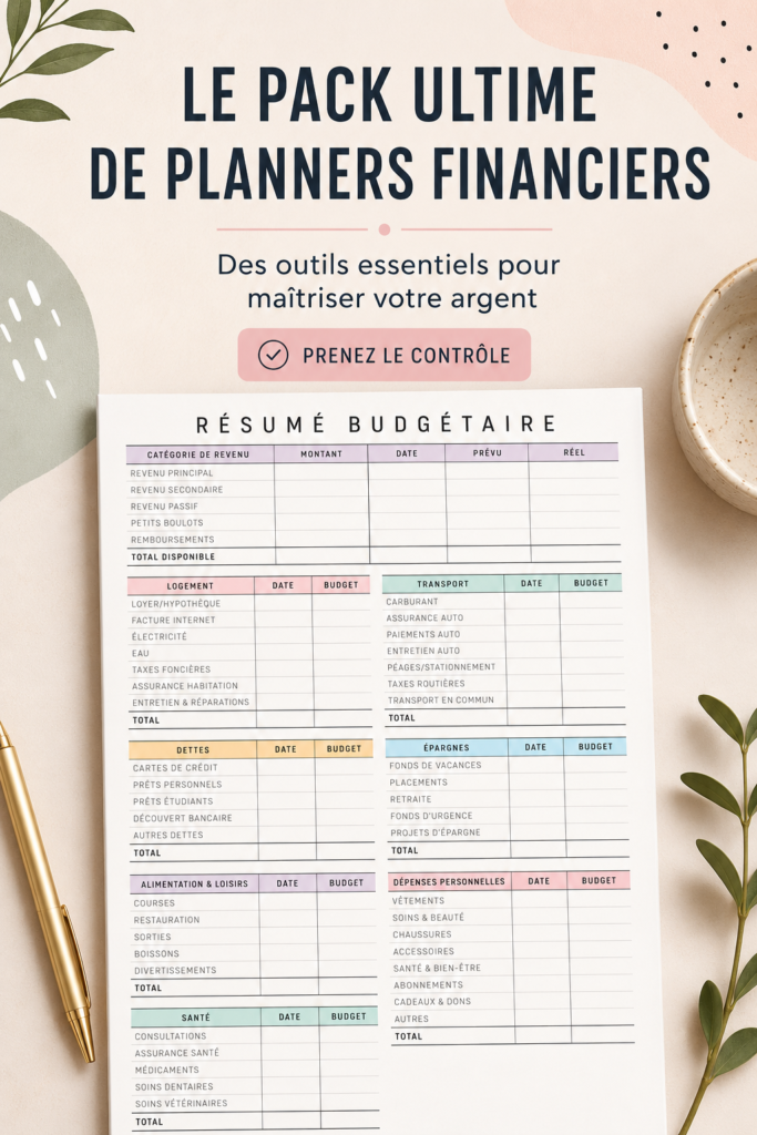 Pack d'outils de gestion financière sur une table, incluant un planner et un ordinateur.