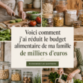 Une femme souriante à la caisse du supermarché avec un chariot plein de produits bon marché et sains.