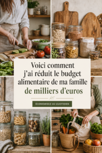 Une femme souriante à la caisse du supermarché avec un chariot plein de produits bon marché et sains.