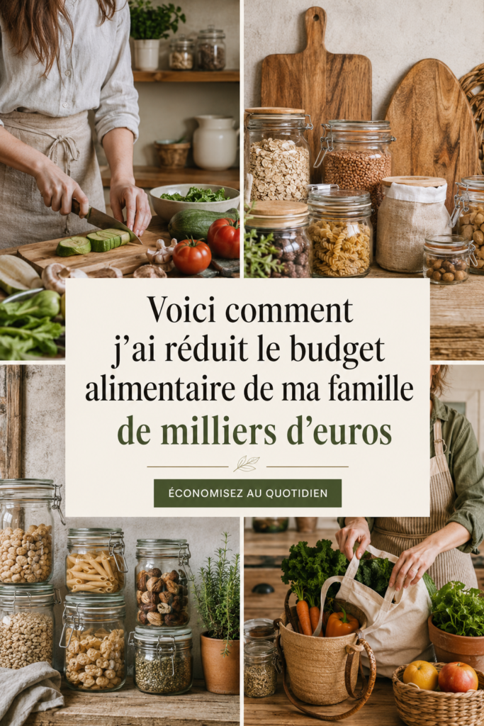 Une femme souriante à la caisse du supermarché avec un chariot plein de produits bon marché et sains.