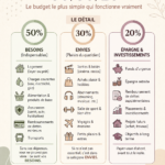 Illustration de la règle du budget 50/30/20 avec un graphique de répartition des dépenses.