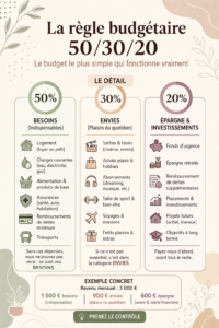 Illustration de la règle du budget 50/30/20 avec un graphique de répartition des dépenses.
