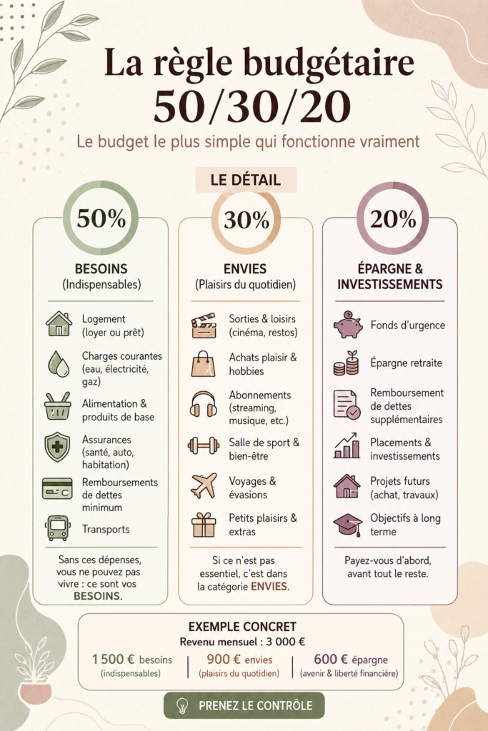 Illustration de la règle du budget 50/30/20 avec un graphique de répartition des dépenses.