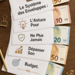 Une femme souriante consultante son budget avec des enveloppes en papier.