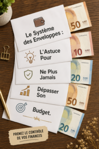 Une femme souriante consultante son budget avec des enveloppes en papier.