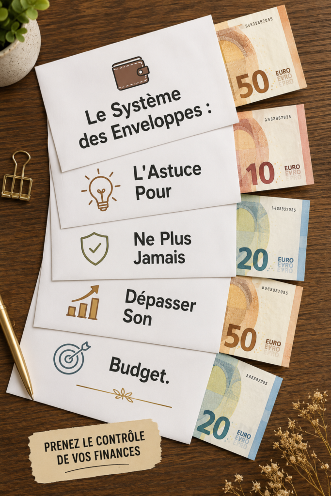 Une femme souriante consultante son budget avec des enveloppes en papier.