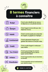 Une femme lisant un livre sur la finance personnelle avec des mots sur des termes financiers