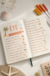 Une main féminine écrit dans un Bullet Journal avec des stickers d'été.