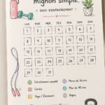 Bullet journal coloré avec des illustrations pour le suivi des entraînements.