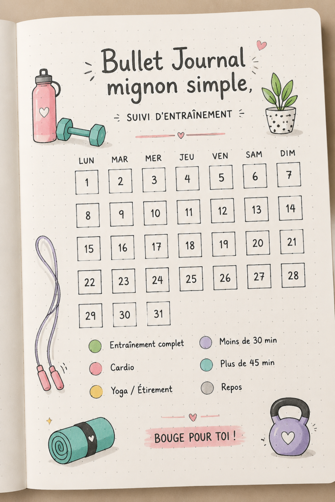 Bullet journal coloré avec des illustrations pour le suivi des entraînements.