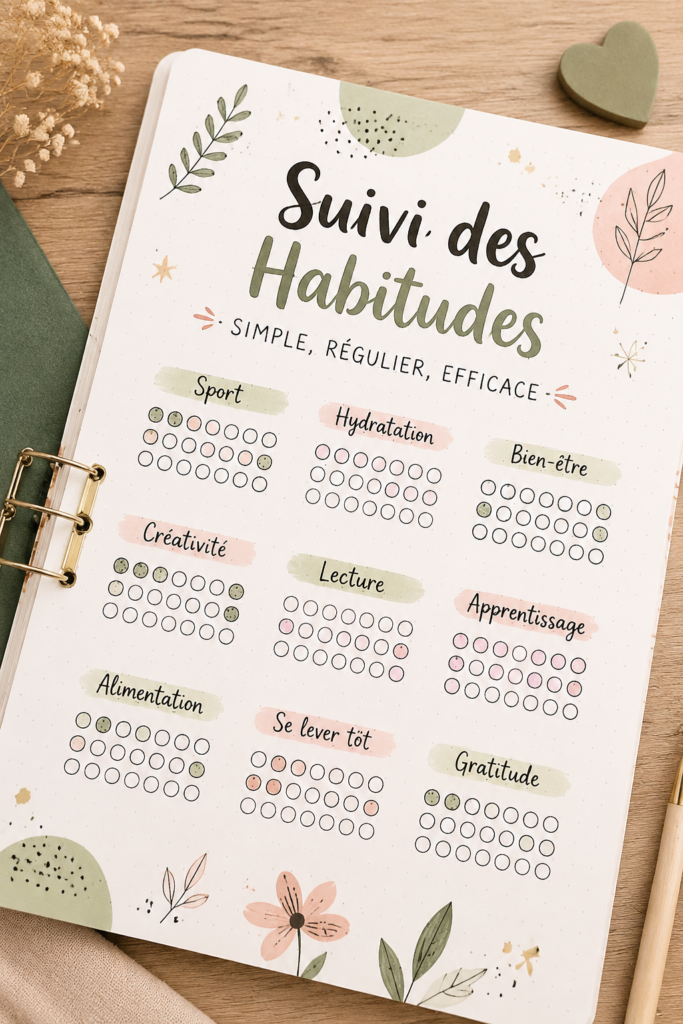 Un bullet journal minimaliste ouvert avec des pages soigneusement organisées