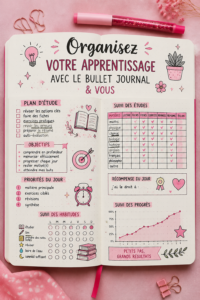 Image d'un bullet journal rempli avec des idées d'organisation et de well-being.