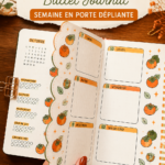 Bullet Journal avec un thème couleur kaki pour octobre, pages décorées et organisées