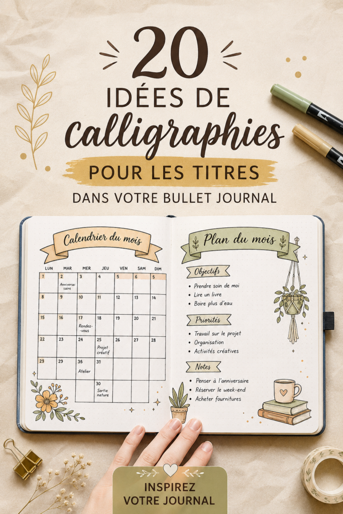 Un Bullet Journal avec des titres calligraphiés et des illustrations