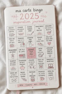 Une carte bingo colorée pour 2025 avec des objectifs journaling.