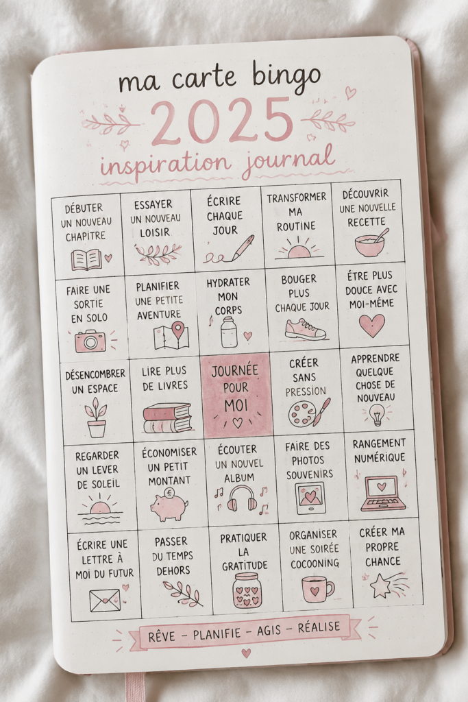 Une carte bingo colorée pour 2025 avec des objectifs journaling.