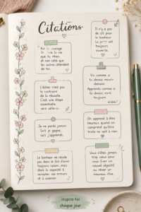 Un Bullet Journal ouvert avec des citations inspirantes écrites en calligraphie colorée.