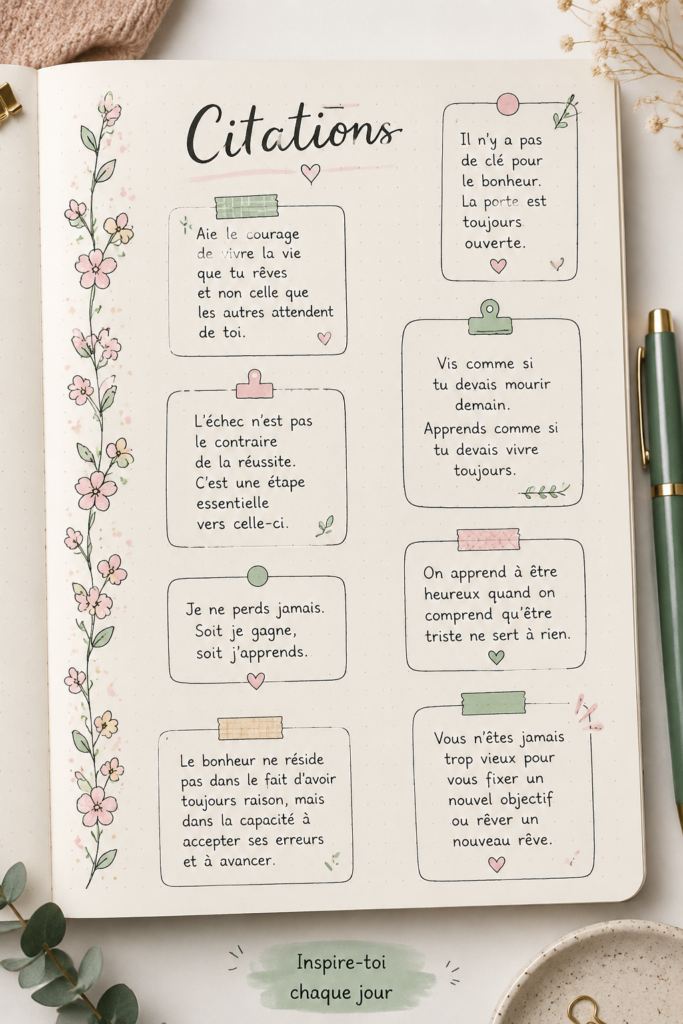 Un Bullet Journal ouvert avec des citations inspirantes écrites en calligraphie colorée.