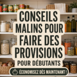 Une cuisine bien organisée avec des provisions stockées de manière intelligente, représentant un mode de vie économique et pratique.