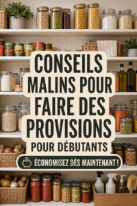 Une cuisine bien organisée avec des provisions stockées de manière intelligente, représentant un mode de vie économique et pratique.