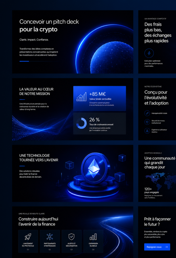 Un exemple de pitch deck pour un projet crypto, avec un design moderne et épuré.