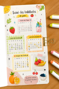 Un bullet journal ouvert avec un habit tracker inspiré des fruits.