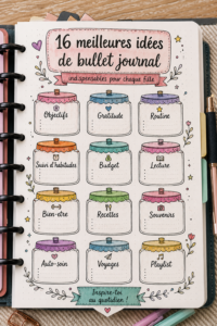 Femme tenant un Bullet Journal avec des illustrations colorées.