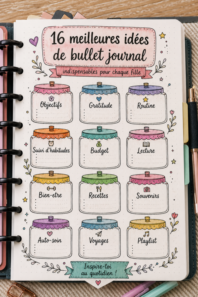 Femme tenant un Bullet Journal avec des illustrations colorées.