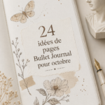 Un bullet journal ouvert avec des idées de spreads d'octobre, affichant des dessins colorés et une mise en page organisée.