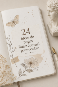 Un bullet journal ouvert avec des idées de spreads d'octobre, affichant des dessins colorés et une mise en page organisée.