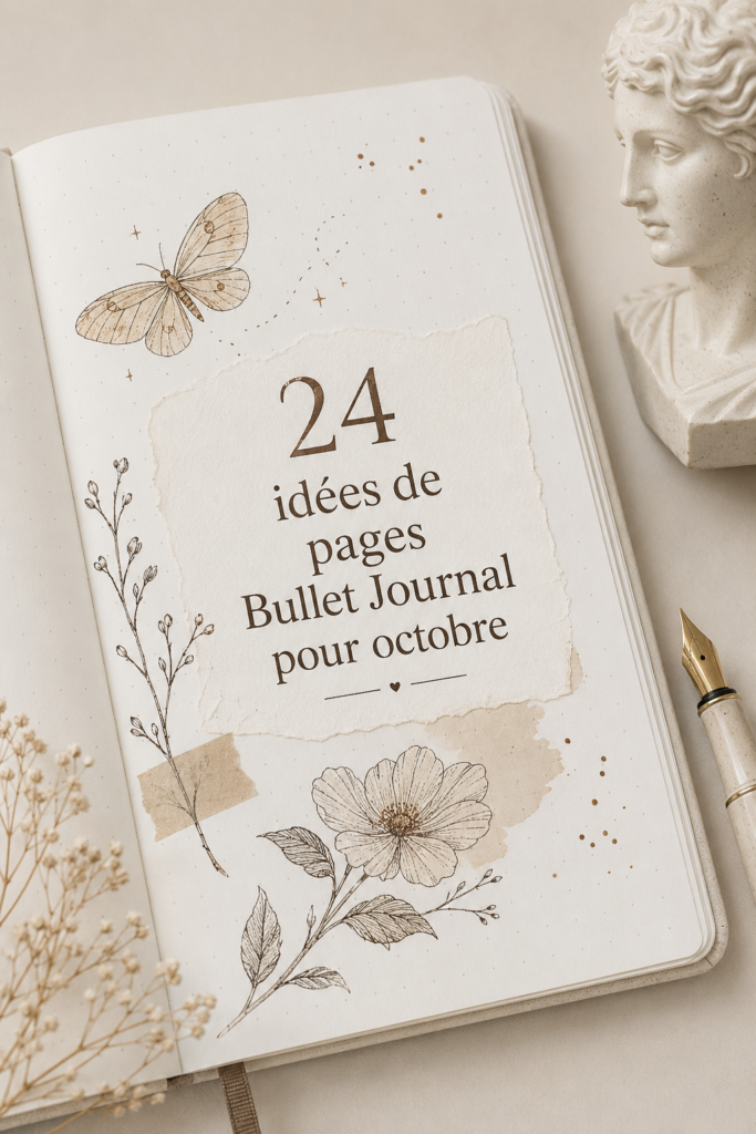 Un bullet journal ouvert avec des idées de spreads d'octobre, affichant des dessins colorés et une mise en page organisée.