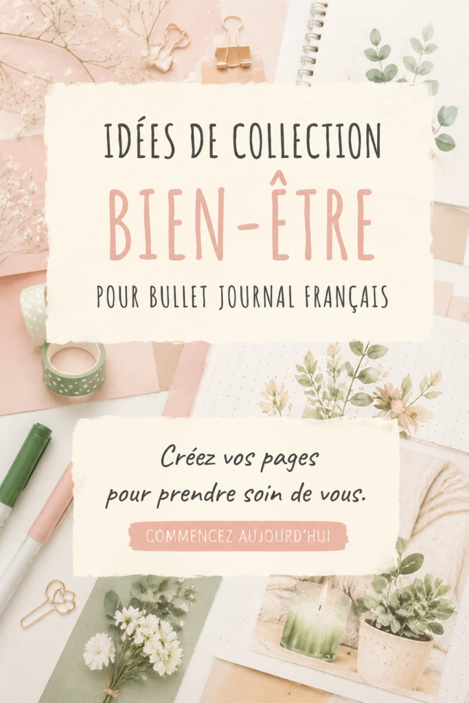 Illustration présentant un bullet journal ouvert avec des pages sur le bien-être.
