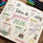 Un journal ouvert avec des pages décorées et des stylos colorés sur une table.