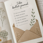 Un Bullet Journal ouvert avec des pages colorées et des stylos sur une table