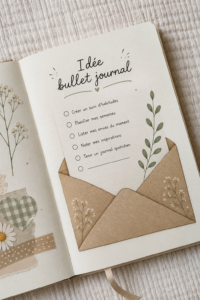 Un Bullet Journal ouvert avec des pages colorées et des stylos sur une table