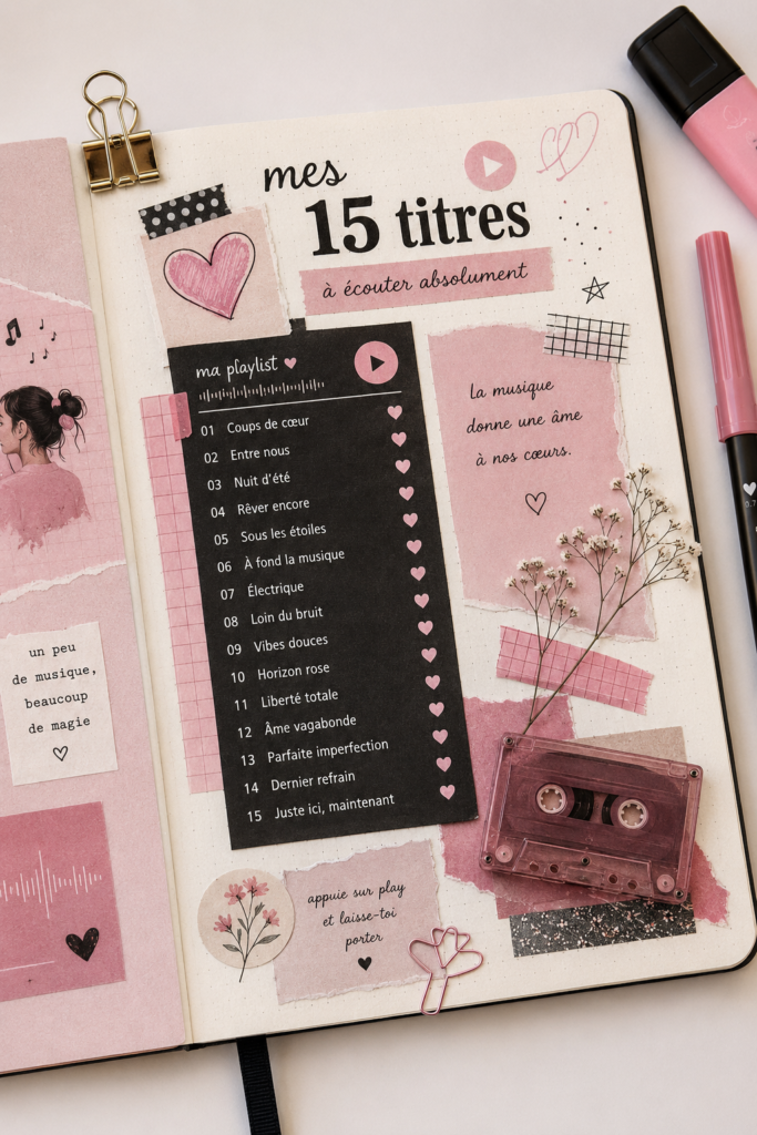 Un journal créatif inspiré par Pink, avec des couleurs vives et des designs floraux.