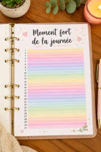 Mise en page colorée d'un journal illustré mettant en valeur des moments marquants de la journée