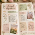 Un journal ouvert sur une table avec des fleurs printanières en arrière-plan.